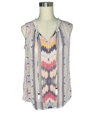 Daniel Rainn Multicolor Ikat Print Sleeveless Bohemian V-Neck Tassel Top